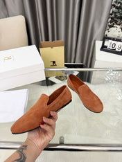 THE ROW 26S CLASSIC LOAFER FLATS IN COGNAC BROWN SUEDE