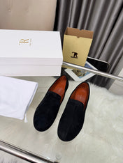 THE ROW 26S CLASSIC LOAFER FLATS IN BLACK SUEDE