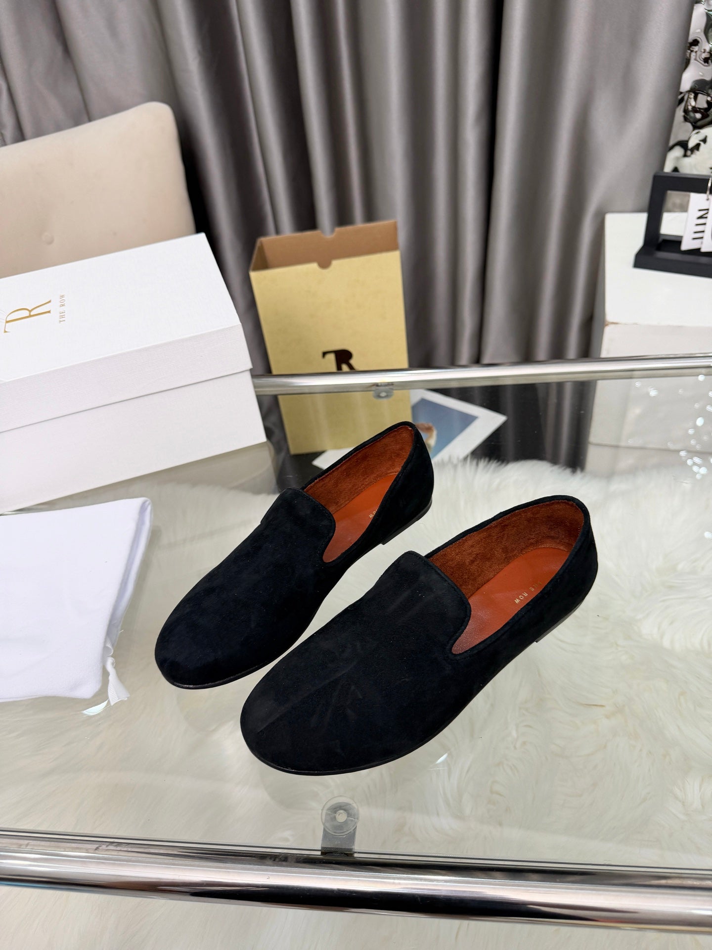 THE ROW 26S CLASSIC LOAFER FLATS IN BLACK SUEDE