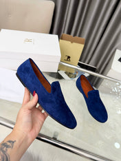 THE ROW 26S CLASSIC LOAFER FLATS IN DARK BLUE SUEDE