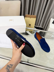 THE ROW 26S CLASSIC LOAFER FLATS IN DARK BLUE SUEDE