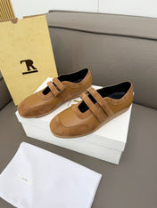 THE ROW 26S DOUBLE STRAP MARY JANE SNEAKERS IN CAMEL BROWN CALFSKIN AND SUEDE