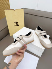 THE ROW 26S DOUBLE STRAP MARY JANE SNEAKERS IN WHITE CALFSKIN AND LIGHT GREY SUEDE