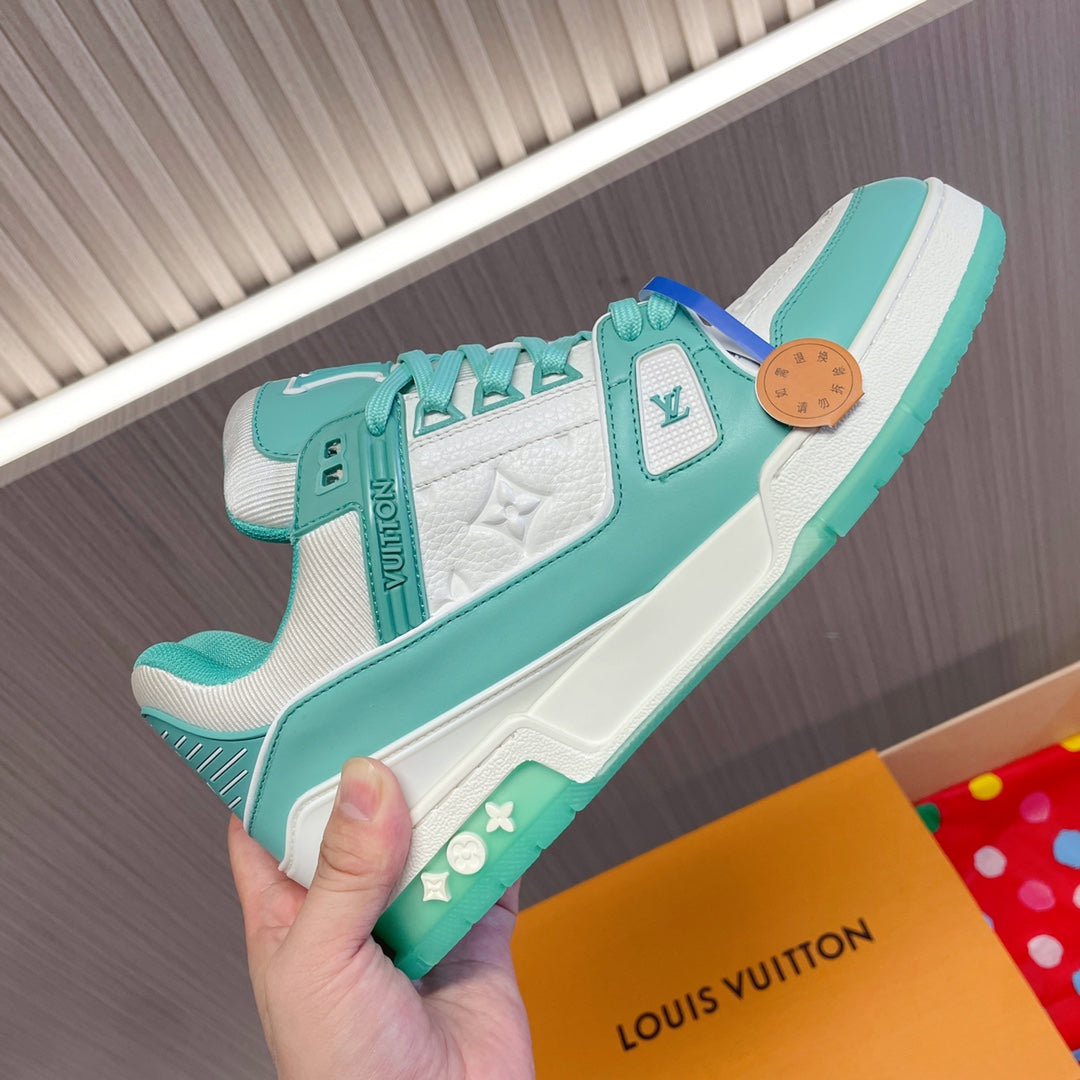 LV 26S LOW TOP SNEAKERS IN WHITE AND MINT GREEN CALFSKIN WITH MONOGRAM SOLE DETAIL
