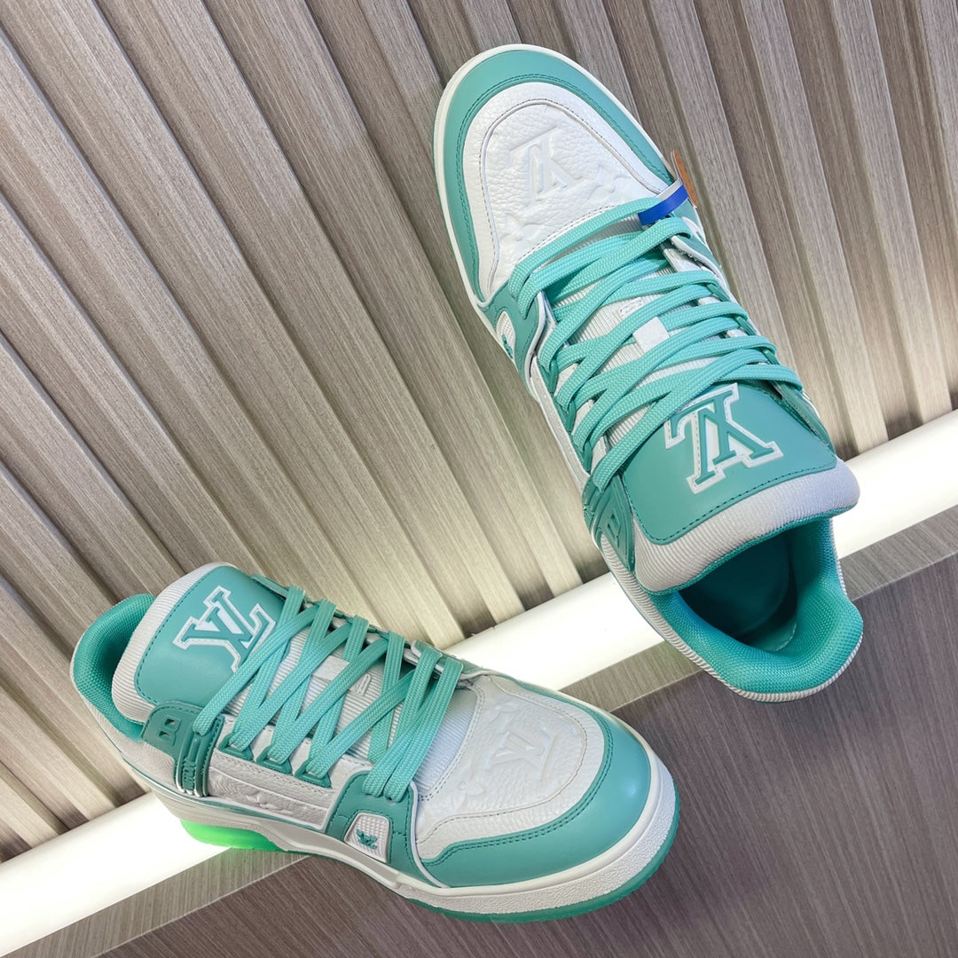 LV 26S LOW TOP SNEAKERS IN WHITE AND MINT GREEN CALFSKIN WITH MONOGRAM SOLE DETAIL