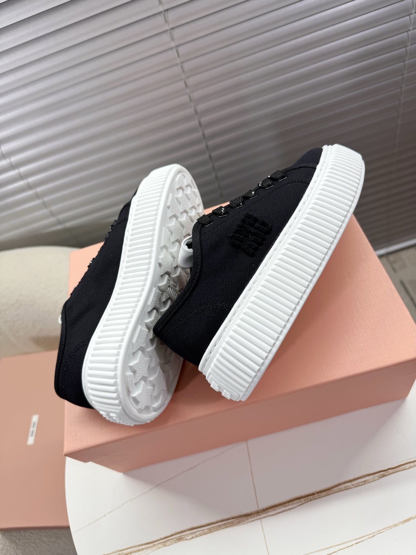 MIUMIU 26S PLATFORM SNEAKERS IN BLACK CANVAS