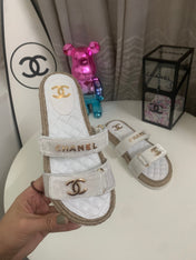 CHANEL 26S SLIDE SANDALS IN WHITE VELVET AND CALFSKIN WITH ROPE SOLE GOLD HARDWARE