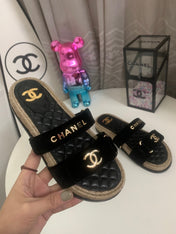 CHANEL 26S SLIDE SANDALS IN BLACK VELVET AND CALFSKIN WITH ROPE SOLE GOLD HARDWARE