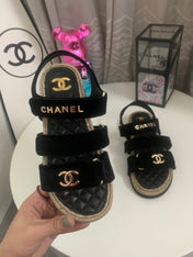 CHANEL 26S STRAPPY SANDALS IN BLACK VELVET WITH ROPE SOLE GOLD HARDWARE