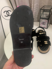 CHANEL 26S STRAPPY SANDALS IN BLACK VELVET WITH ROPE SOLE GOLD HARDWARE