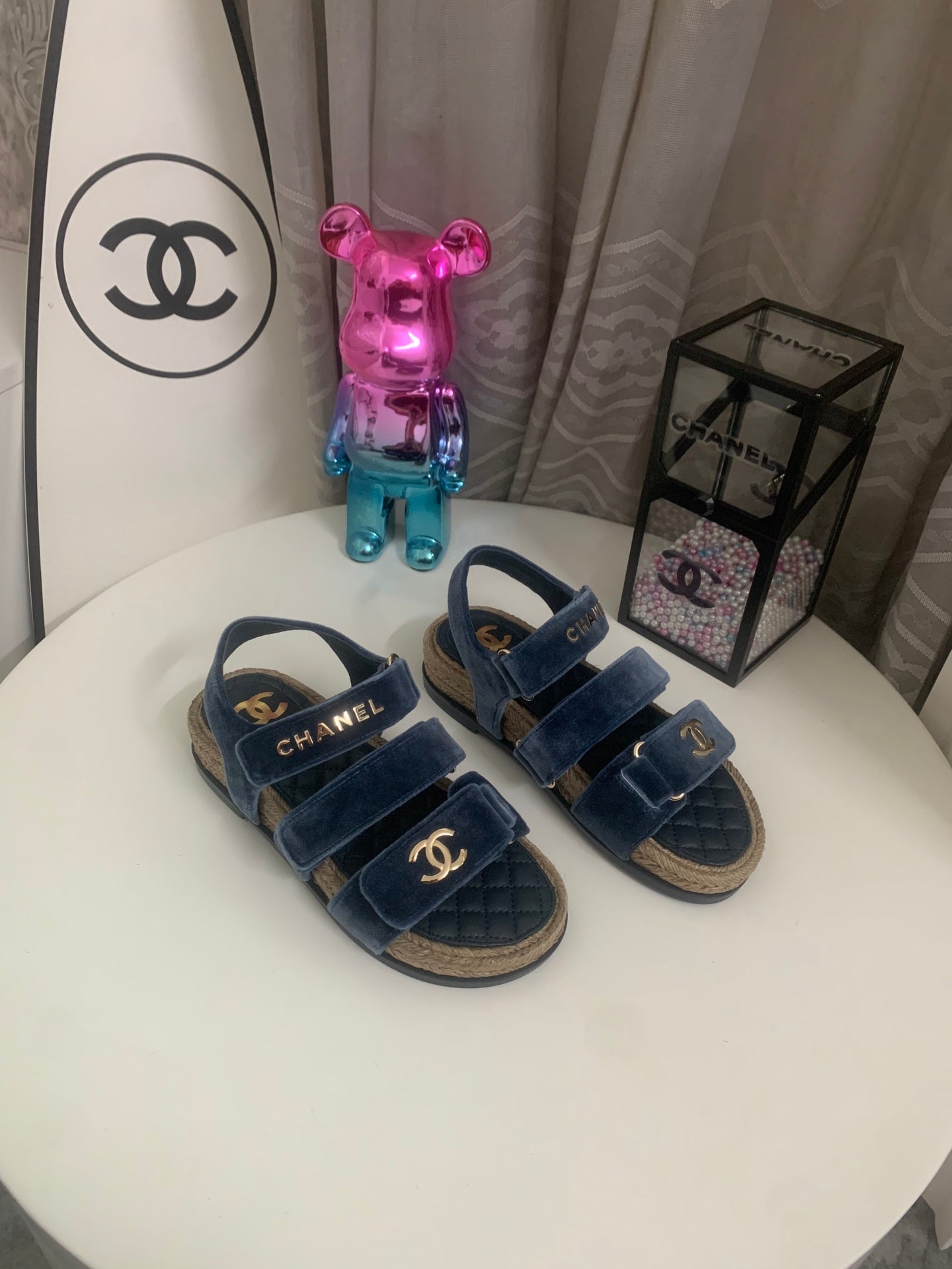 CHANEL 26S STRAPPY SANDALS IN NAVY BLUE VELVET WITH ROPE SOLE GOLD HARDWARE