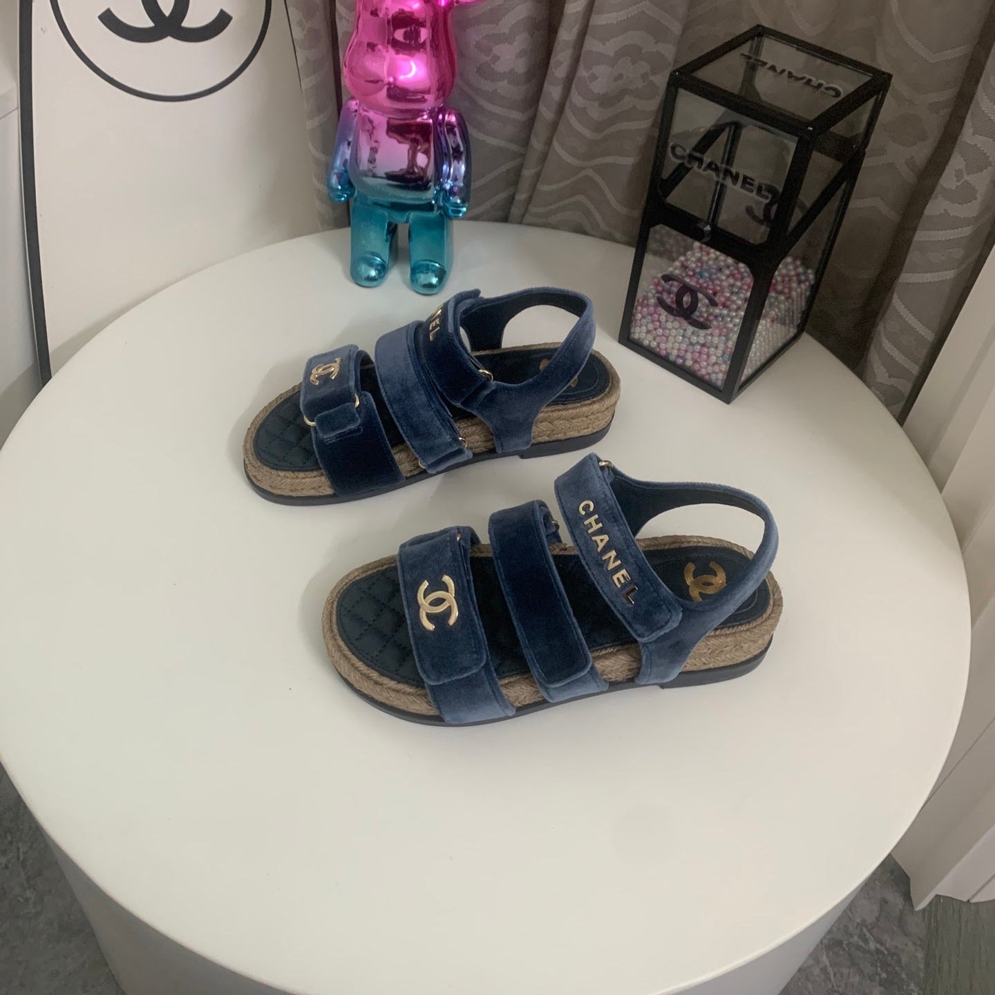 CHANEL 26S STRAPPY SANDALS IN NAVY BLUE VELVET WITH ROPE SOLE GOLD HARDWARE