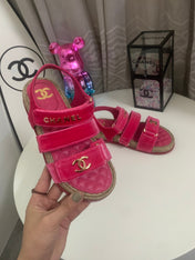 CHANEL 26S STRAPPY SANDALS IN PINK VELVET WITH ROPE SOLE GOLD HARDWARE