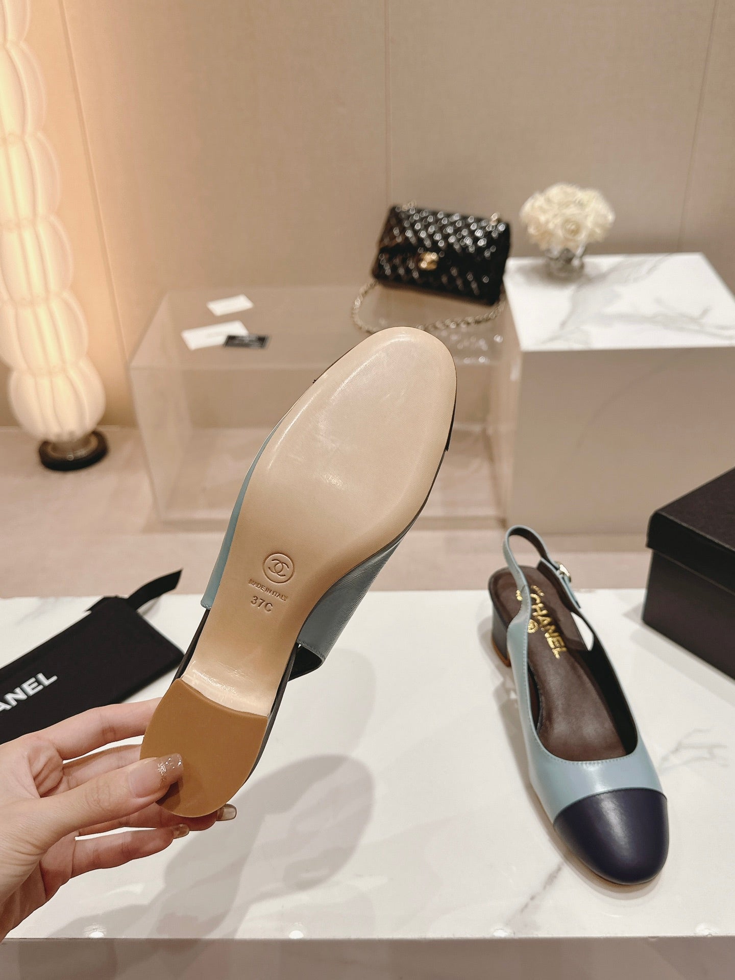 SLINGBACKS LIGHT BLUE MIX BLACK SHEEPSKIN
