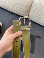 BELT 40MM IN OLIVE GREEN CALFSKIN WITH INTERWOVEN CHAIN BUCKLE ZIPPER IN TRIM SILVER HARDWARE
