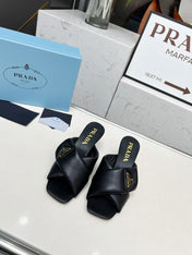 PRA CROSS MULE HEELS IN BLACK CALFSKIN WITH PADDED STRAPS