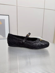 PRADA 26S MARY JANE FLATS IN BLACK WOVEN CALFSKIN