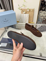 PRADA 26S MARY JANE FLATS IN DARK BROWN WOVEN RAFFIA WITH TRIANGLE LOGO