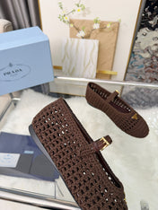 PRADA 26S MARY JANE FLATS IN DARK BROWN WOVEN RAFFIA WITH TRIANGLE LOGO