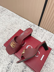 GUCCI 26S GG LOGO HIGH-HEEL MULES IN DARK RED CALFSKIN