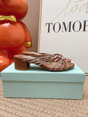 AQUAZZURA 26S CRYSTAL STRAP SANDALS 45 MM IN BROWN FABRIC
