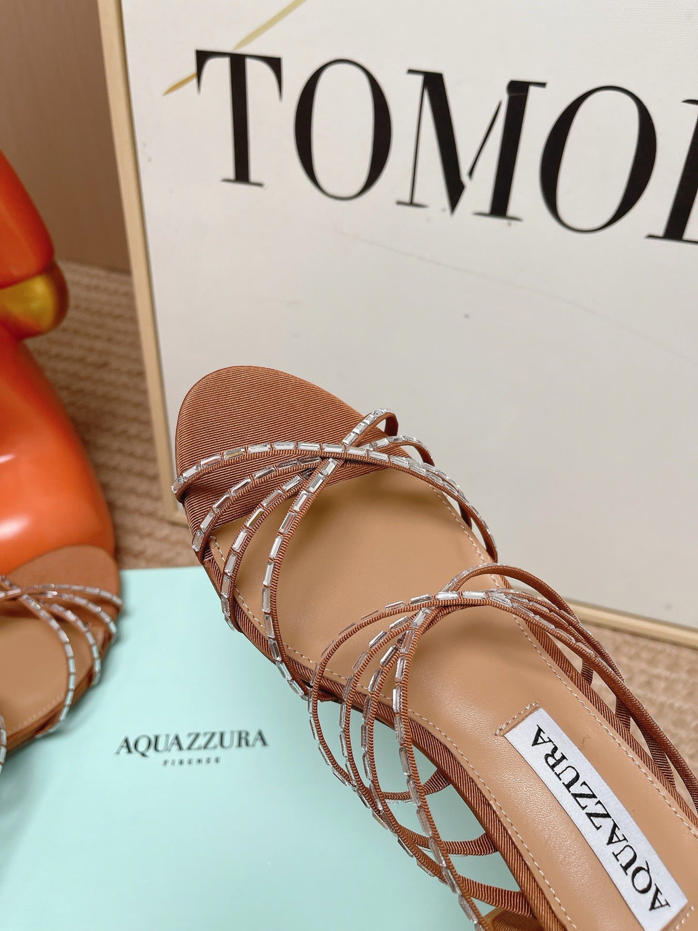 AQUAZZURA 26S CRYSTAL STRAP SANDALS 45 MM IN BROWN FABRIC