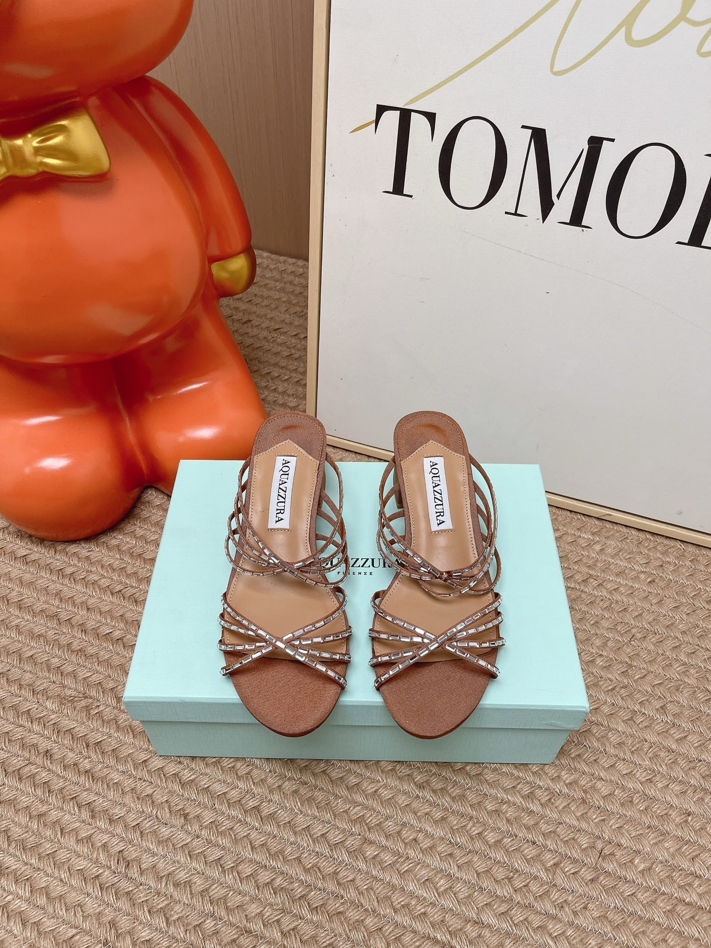 AQUAZZURA 26S CRYSTAL STRAP SANDALS 45 MM IN BROWN FABRIC