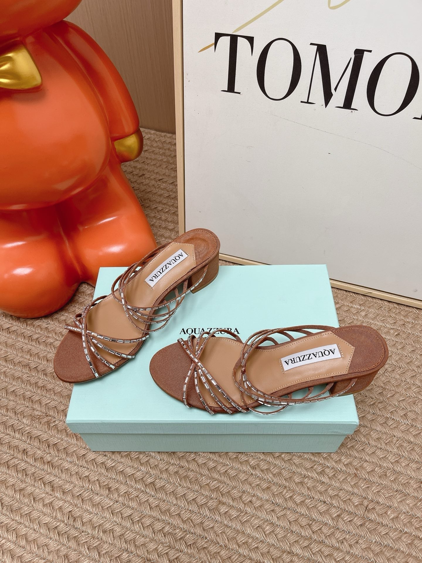 AQUAZZURA 26S CRYSTAL STRAP SANDALS 45 MM IN BROWN FABRIC