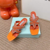 AQUAZZURA 26S STARFISH THONG HEELS IN ORANGE LAMBSKIN