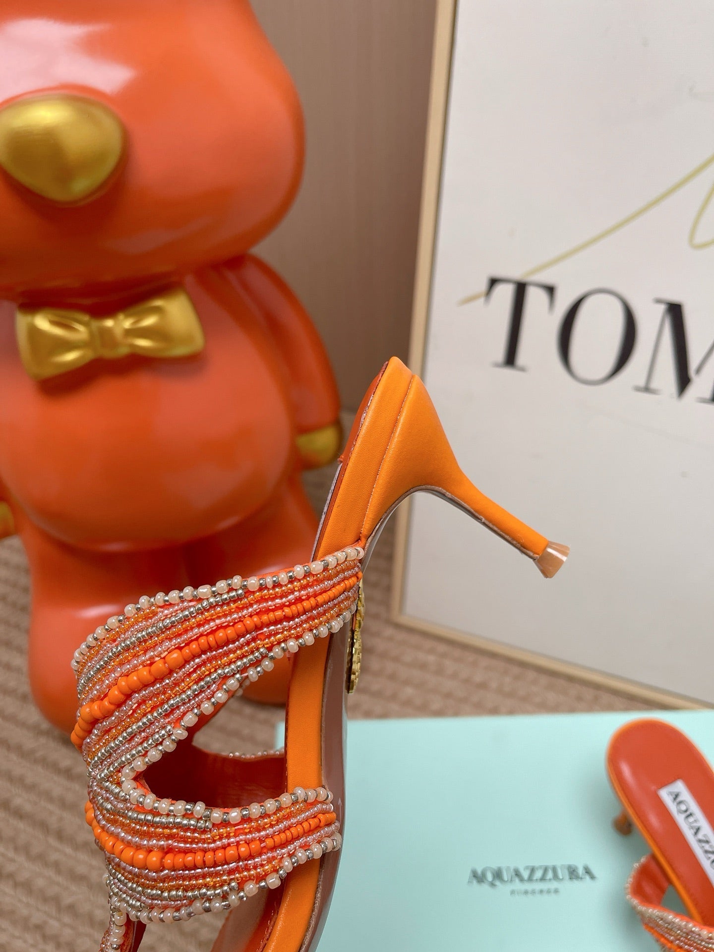 AQUAZZURA 26S STARFISH THONG HEELS IN ORANGE LAMBSKIN