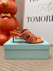 AQUAZZURA 26S STARFISH THONG HEELS IN ORANGE LAMBSKIN