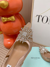 AQUAZZURA 26S POINTED-TOE SLINGBACK 105 MM IN NUDE LEATHER AND MESH CRYSTALS