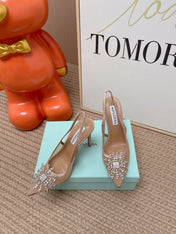 AQUAZZURA 26S POINTED-TOE SLINGBACK 105 MM IN NUDE LEATHER AND MESH CRYSTALS