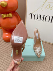 AQUAZZURA 26S POINTED-TOE SLINGBACK 105 MM IN NUDE LEATHER AND MESH CRYSTALS