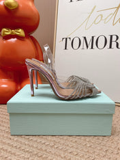 AQUAZZURA 26S SLINGBACK HEELS 105 MM IN METALLIC LEATHER AND CLEAR PVC CRYSTALS
