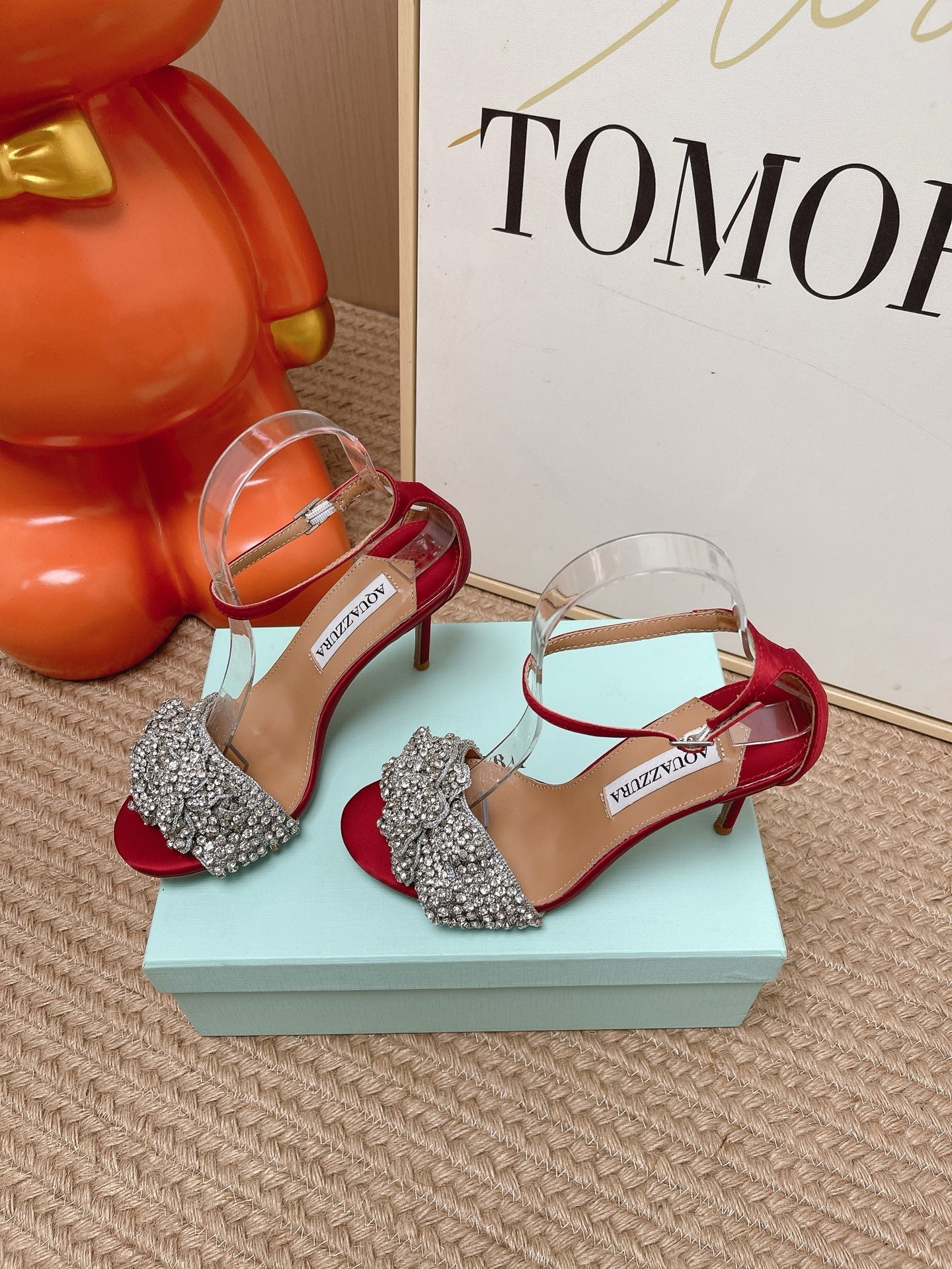 AQUAZZURA 26S HIGH-HEEL SANDALS 85 MM IN RED SATIN & CRYSTALS
