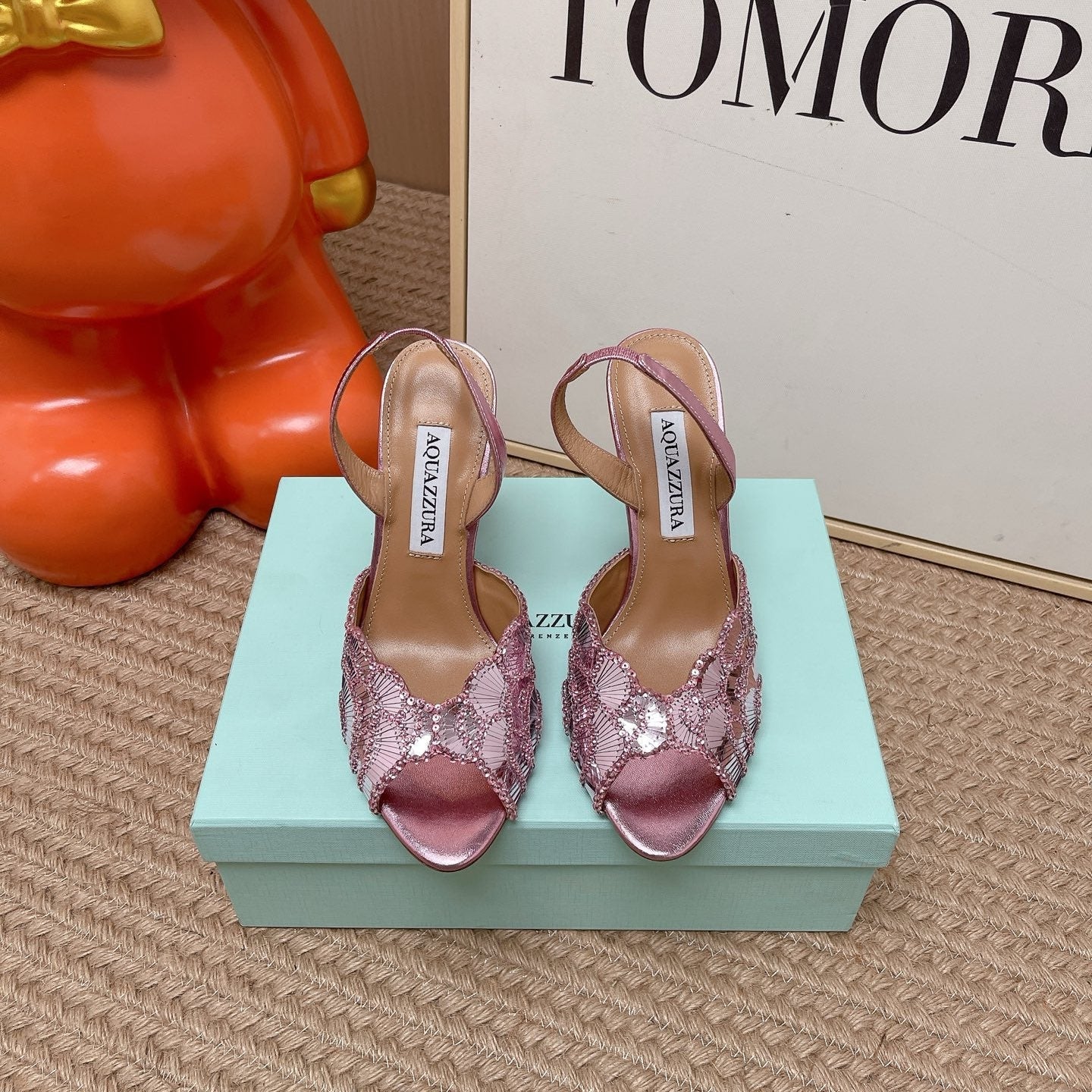 AQUAZZURA 26S GATSBY SLING PUMPS 105 MM IN METALLIC PINK SEQUINED