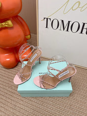 AQUAZZURA 26S HIGH HEELS 100 MM IN LIGHT PINK LAMBSKIN CRYSTAL EMBELLISHED