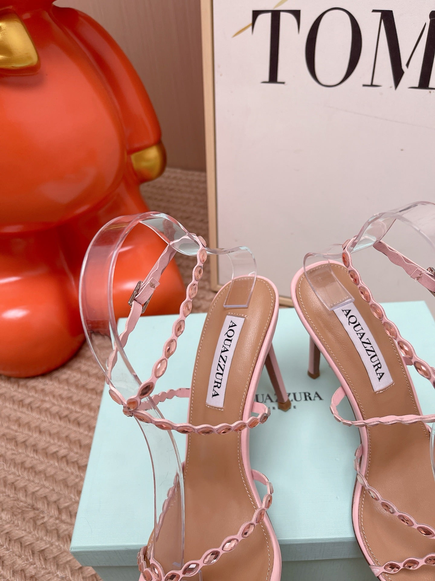AQUAZZURA 26S HIGH HEELS 100 MM IN LIGHT PINK LAMBSKIN CRYSTAL EMBELLISHED