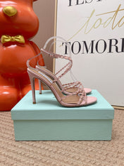 AQUAZZURA 26S HIGH HEELS 100 MM IN LIGHT PINK LAMBSKIN CRYSTAL EMBELLISHED