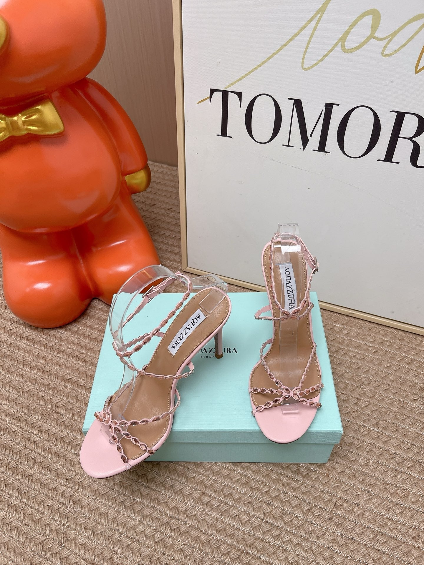 AQUAZZURA 26S HIGH HEELS 100 MM IN LIGHT PINK LAMBSKIN CRYSTAL EMBELLISHED