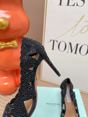 AQUAZZURA 26S POINTED-TOE HEELS 85 MM IN BLACK RHINESTONE EMBELLISHED