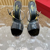 HIGH HEEL SANDAL 14CM IN BLACK CALFSKIN AND TRANSPARENT PVC