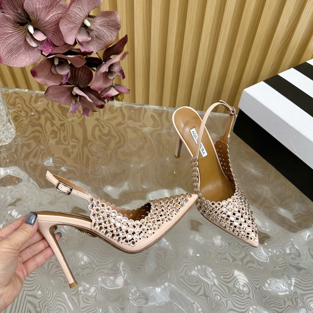 AQUAZZURA 26S SLINGBACK PUMPS 85 MM IN BEIGE CALFSKIN WITH CRYSTAL