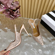 AQUAZZURA 26S SLINGBACK PUMPS 85 MM IN BEIGE CALFSKIN WITH CRYSTAL