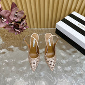 AQUAZZURA 26S SLINGBACK PUMPS 85 MM IN BEIGE CALFSKIN WITH CRYSTAL