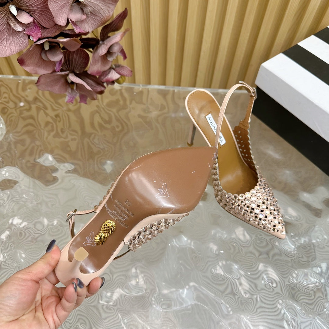 AQUAZZURA 26S SLINGBACK PUMPS 85 MM IN BEIGE CALFSKIN WITH CRYSTAL
