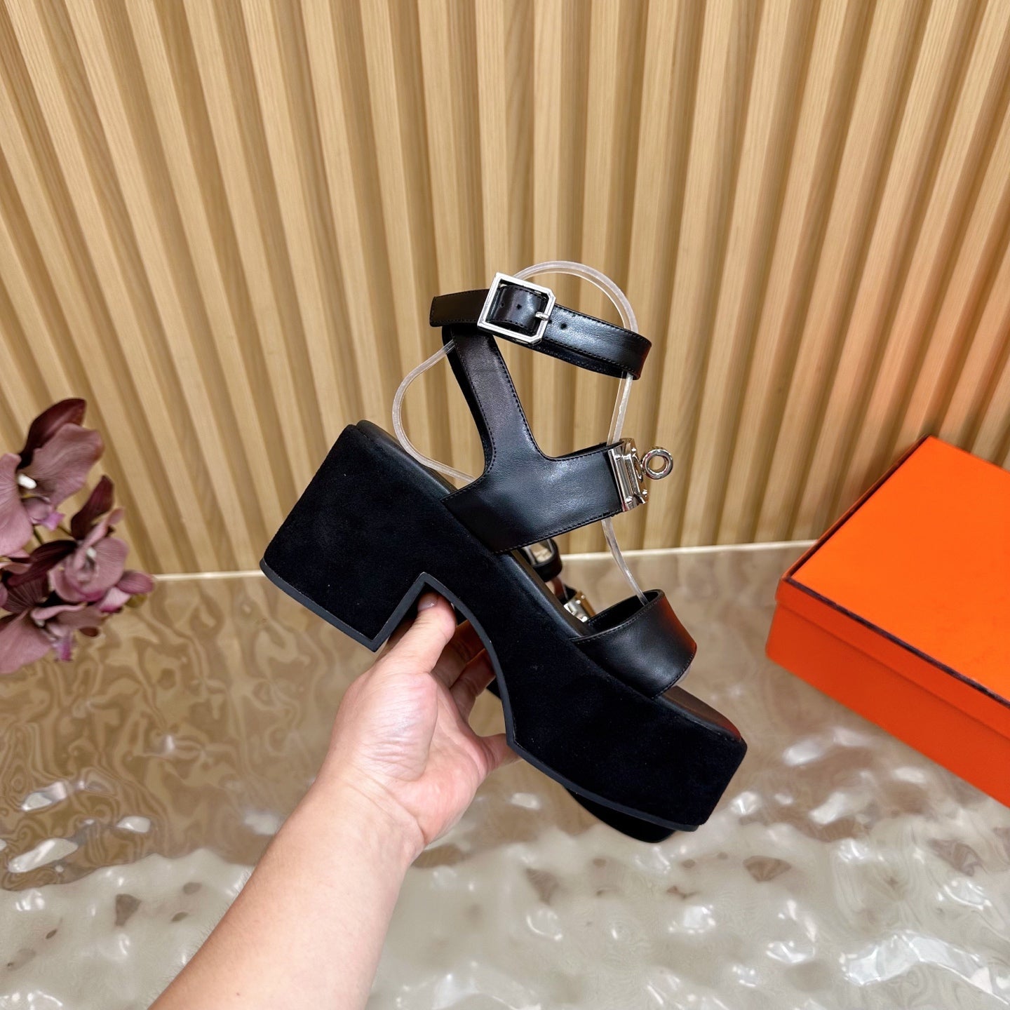 HM 25S CLASSIC WEDGE SANDALS 70 MM IN BLACK LAMBSKIN WITH SILVER HARDWARE