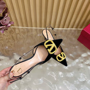 VALENTINO 25S HIGH-HEEL SLINGBACKS IN BLACK VELVET WITH GOLD HARDWARE