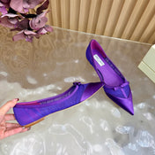 JIMMY CHOO 26S FLATS IN DARK PURPLE LACE AND SATIN
